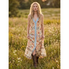 Free People Retro 70s Bohemian Block Print Snap Front Kelso Maxi Dress Large