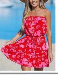 CUPSHE Live Life on The Beach Pink Red Mini Dress Strapless Tropical Women M