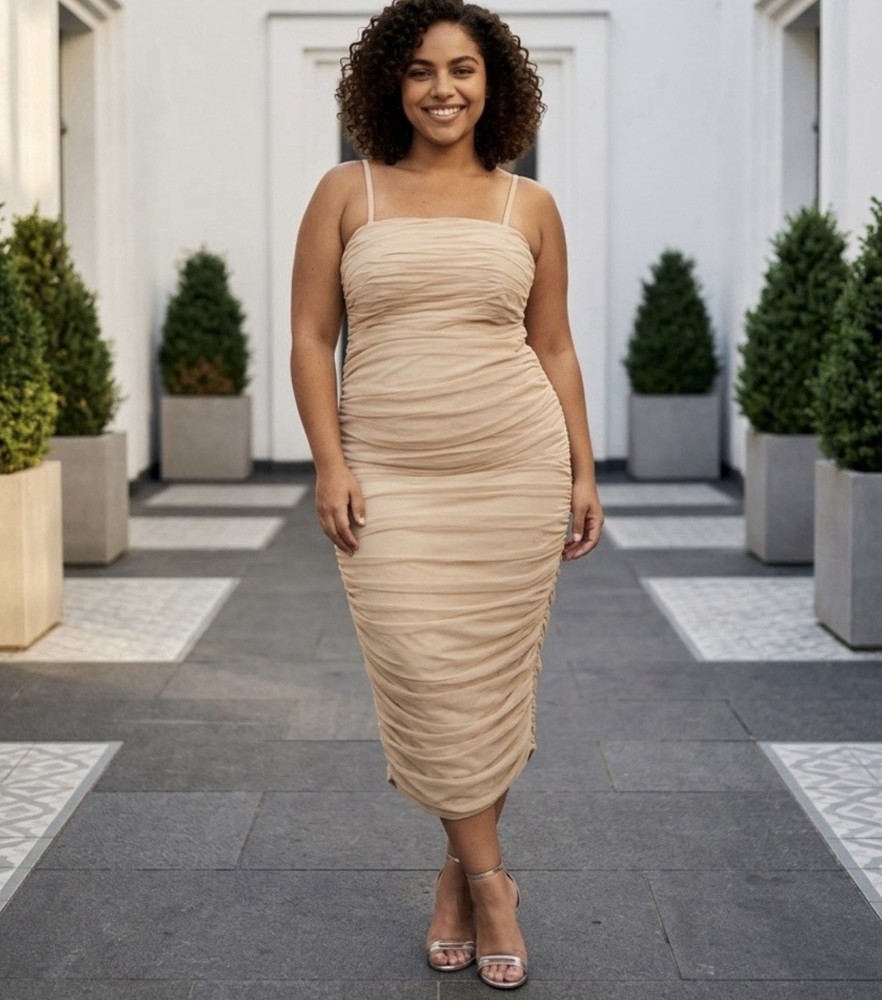 Eloquii SIZE 14 Beige Solid Ruched Square Neck Spaghetti Strap Midi Bodycon