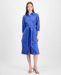 T Tahari Embroidered Eyelet Belted Shirtdress Women&rsquo;s M Spring Blue Front Button