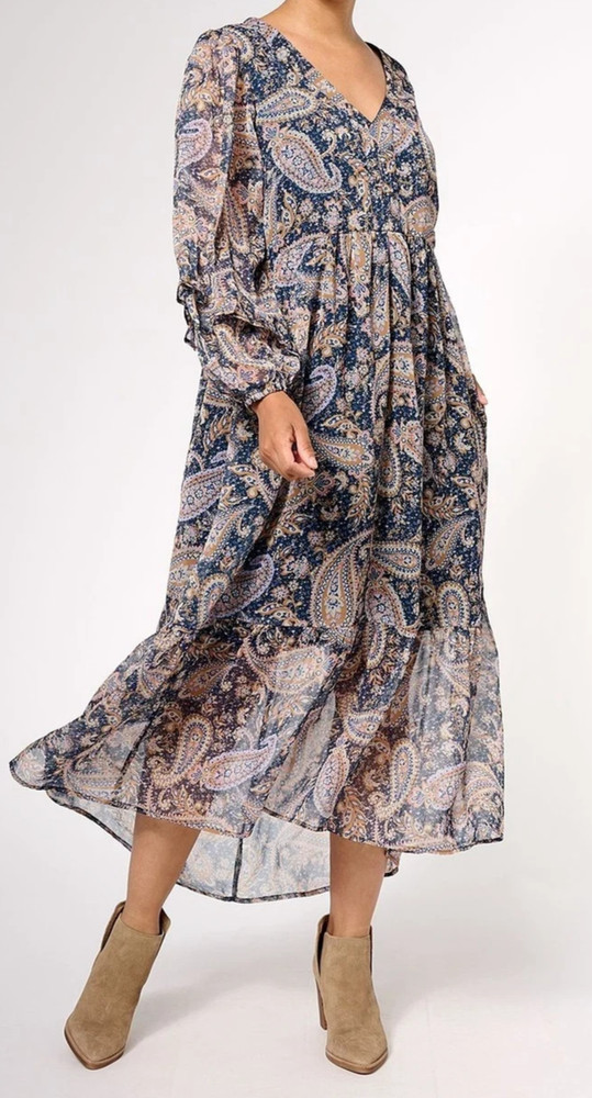 Destination 365 Printed Chiffon V-neck Long Sleeve Dress Paisley Print Small