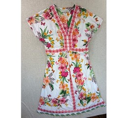 Hale Bob Women M White Pink Floral Butterfly Summer Cottagecore Knee Dress