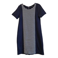 J. CREW Women 4 Dress Navy Blue White Solid / Striped Short Sleeve Cotton Blend