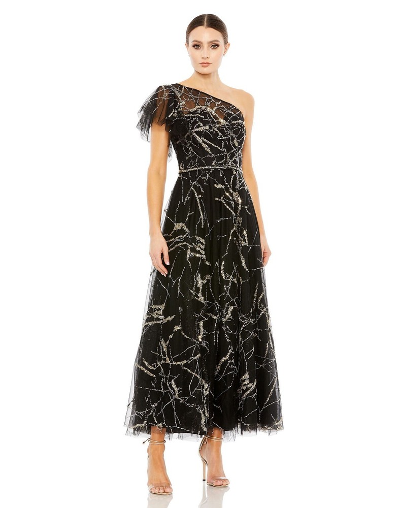 Mac Duggal Black and Gold Two Tone One Shoulder Sequin A Line Dress Size 4 $698