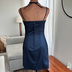 90s Vintage City Triangles Shimmer Satin Blue Dress Rhinestone Neckline Size 5