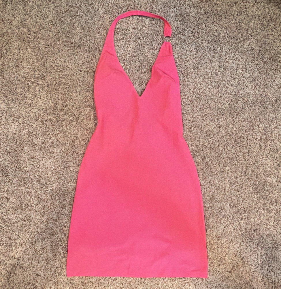 Versace Pink Solid V-Neck Halter Strapless Mini Dress, Women’s Size S