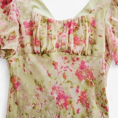 ASTR Tie Back Flutter Sleeve Open Back Cut Out Midi Dress in Lime Pink Floral L