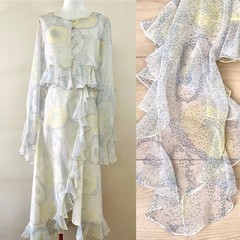Vintage 2-piece Ruffle Chiffon White & Pastel Polka Dot Top & Warp Skirt Sz XS-S