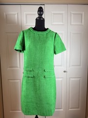 Eliza J Green Tweed Shift Knee Length Dress Fringe Crew Neck Zip Short Sleeve 10