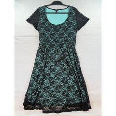 Torrid Black Lace Teal Lining Fit Flare Dress Belted Plus Size 1 XL Short Sleeve