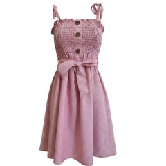 Red White Pinstripe Sundress Tie Shoulder Button Front A-Line Midi Dress