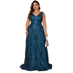 Plus Size Luxury Deep V neck Sequin Evening Dress Elegant V back Long Formal