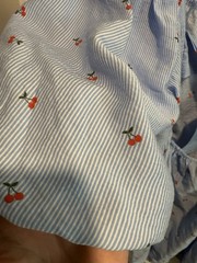 Size Large Cherry Print Light Blue Striped Puff Sleeve Fit And Flare Dress New