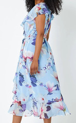ROMAN Size 18 Petite Gorgeous Floral Maxi Dress Blue Frill Hem Cruise VGC, Clean