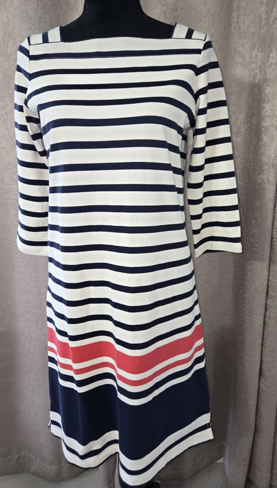 Nautical LL Bean Dress XS Classic Boat Neck 3/4 Sleeve Striped Red Blue Beach