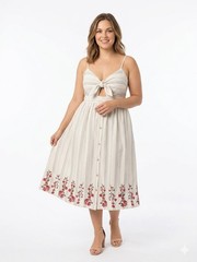 Andree&rsquo; Embroidered Cotton Midi Dress Front Tie Side Pockets M