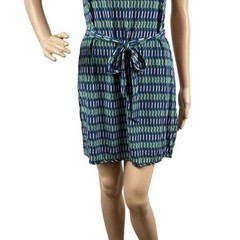 Leota Printed Tie Waist Mini Dress S Blue Green Geometric Short Sleeve Stretch