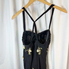 Scala 90s Y2K Pure Silk Black Floral Ribbon Midi Whimsigoth Dress Large Vtg