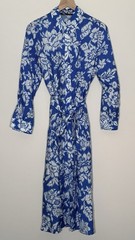 Zara Blue & White Floral Midi Shirt Dress Long Sleeve Collared Button Belted M