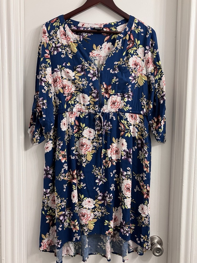 Torrid Floral Zip Front Shirt Dress Size 00 Navy Blue Rayon Drawstring Waist