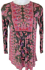 J Jill XS Paisley Dress Tunic Top Black Burgundy Long Sleeve Boho Peasant