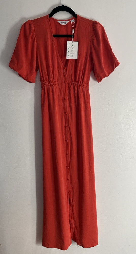 Seraphine puff sleeve button up red maternity midi dress size 6 NWT Soft