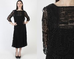 Vintage Black Edwardian Dress Victorian Thurn Deco Crochet Flapper 20s 30s Gown
