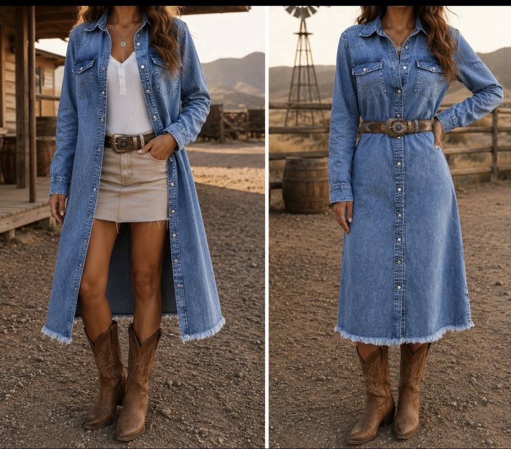 Kimes Ranch Sundowner Snap Western Indigo Denim Dress Large Stretch