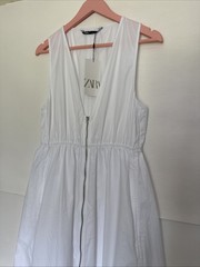 Zara Women Midi Dress White Front Full Zipper Sleeveless Side Pockets SizeL NWT