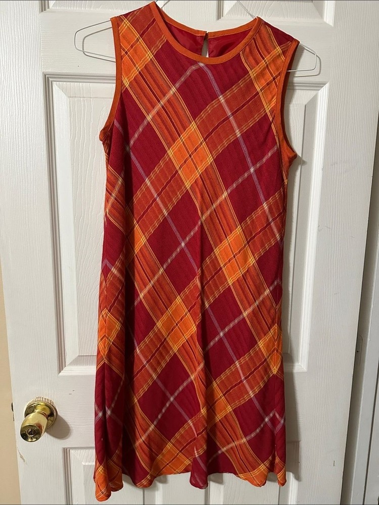 Sleeveless Plaid Midi Dress in Red and Orange