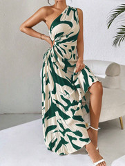 Brand New Wedding Summer Occasion Cut Out Flowy Maxi Asymmetric Pleated Dress