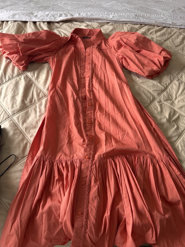 Lauren Ralph Lauren Pink Solid A-Line Midi Puff Sleeve Button Front Dress 8