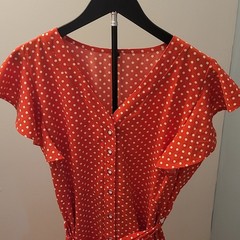 Red/White Polka Dot V-Neck Button Front Flutter Sleeve Midi Dress XL Pockets