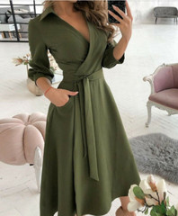 Womens Spring Summer Chic New Long-Sleeved V-Neck Print Bag Hip Fashion Dress