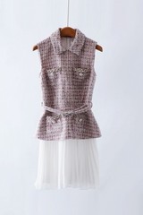 Self-Portrait Tweed Patchwork Pleated fabric chiffon Sleeveless Dresses Belts