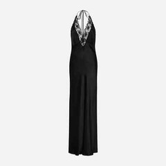 SIR Aries Black Romantic Sexy Lace Trim Plunging V-Neck Silk Halter Gown 3 = 8 M