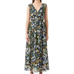 Endless Rose Low Neck Floral Maxi Dress Black Blue Yellow Metallic Fil Coupe M