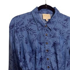 ModCloth Medium Blue Chambray Tropical Leaf Shirt Dress Cotton Button Up Pockets