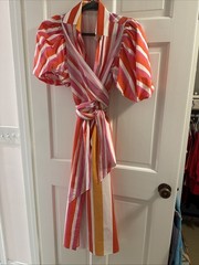 Silvia Tcherassi Pink/orange/white Striped Midi Tie Waist Puff Sleeve Dress Sz 2