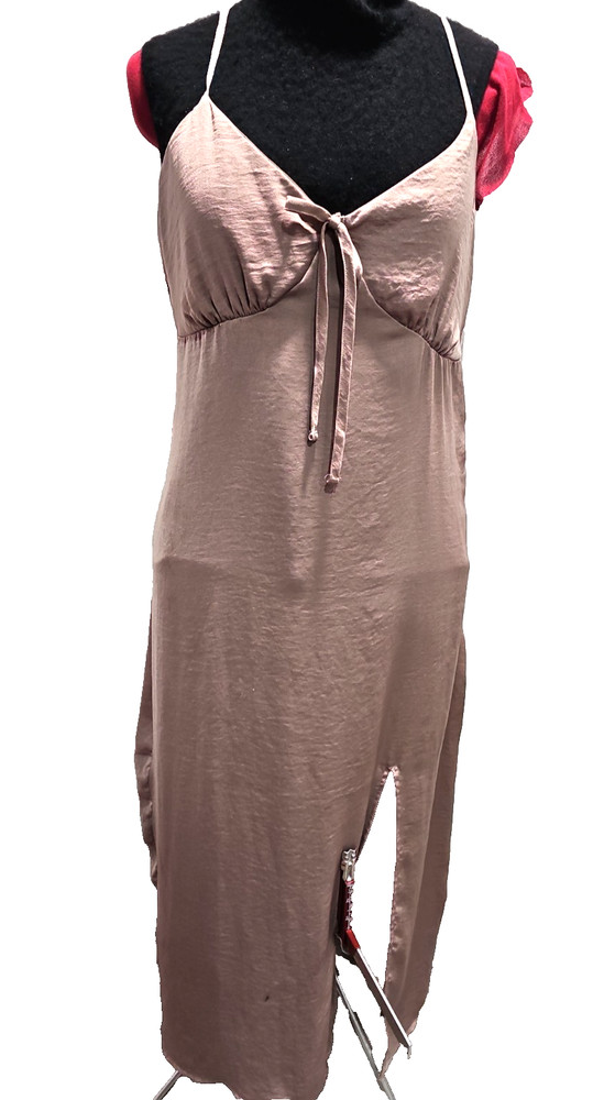 No Comment Womens XL Blush Satin Slip Dress Midi Side Slit Side Zip Spaghetti