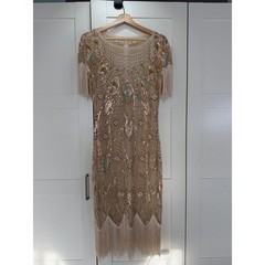 Fringed Beaded Midi Dress in Beige B5