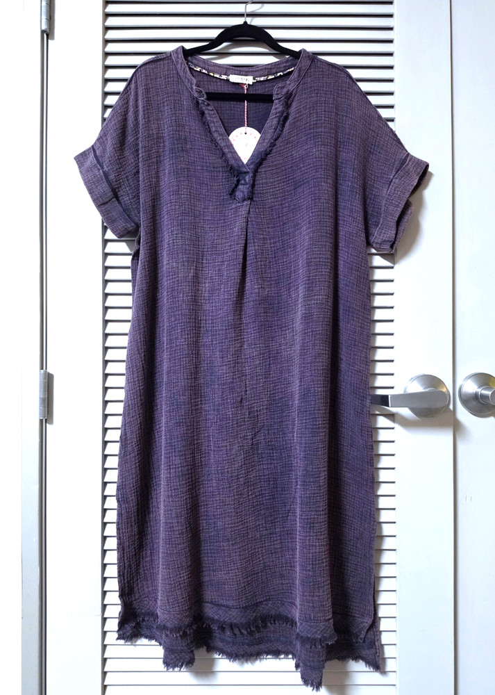 navy stone wash gauze fringe detail kimono midi long dress XL