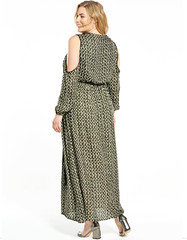 ELVI OLIVE GREEN COLD SHOULDER W/ BELT PRINTED MAXI DRESS PLUS Sz US 22 / UK 26