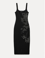 ZARA Womens Small Shimmer Floral Beaded Knit Midi Dress Black Sleeveless NWT