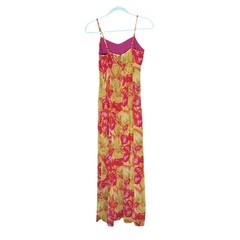 WOMENS LOVE 21 LONG PINK YELLOW SPAGHETTI STRAP MAXI SUN DRESS S