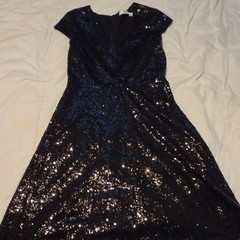 JUSTFAB Black Sequin Fit & Flare Knee Length Dress V-Neck Short Sleeve Size S
