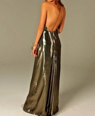 Halston Heritage Dramatic Open Back Metallic Silk Halter Dress Size 6