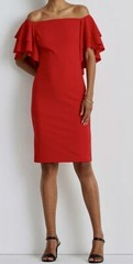 RALPH LAUREN Crepe Off The Shoulder Ruffle Red Sheath Cocktail Dress Women 10 12