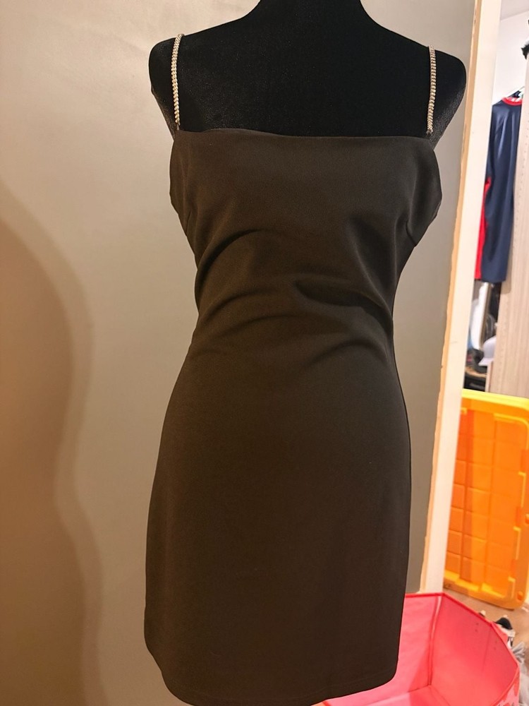 Bobbles & Lace Women&rsquo;s Black Midi Dress with Rhinestone Straps