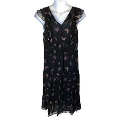 NWT Paige Black Butterfly Print Silk « Basil » Dress with Drawstring Waist size L